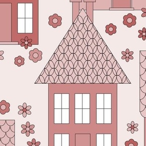 046 - Jumbo scale muted blush dusty rose pink monochromatic houses a la Maisons au Paris style - for nursery wallpaper, curtains, kids decor and table linen