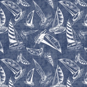 Sailboat Sketches on Navy Linen Texture Background, Small Scale Designs