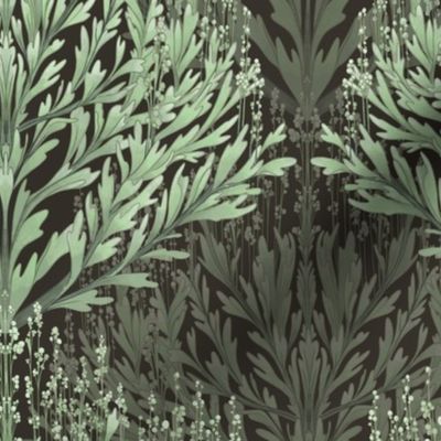 Sage Brush, Sage Green on Dark background, Botanical Foliage, Leaves, monochromatic, Eclectic Maximalist Home Decor, Medium Scale. 