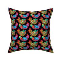 Chicken Folk Fiesta Cluckers Colorful Birds Pattern Black  Background small scale
