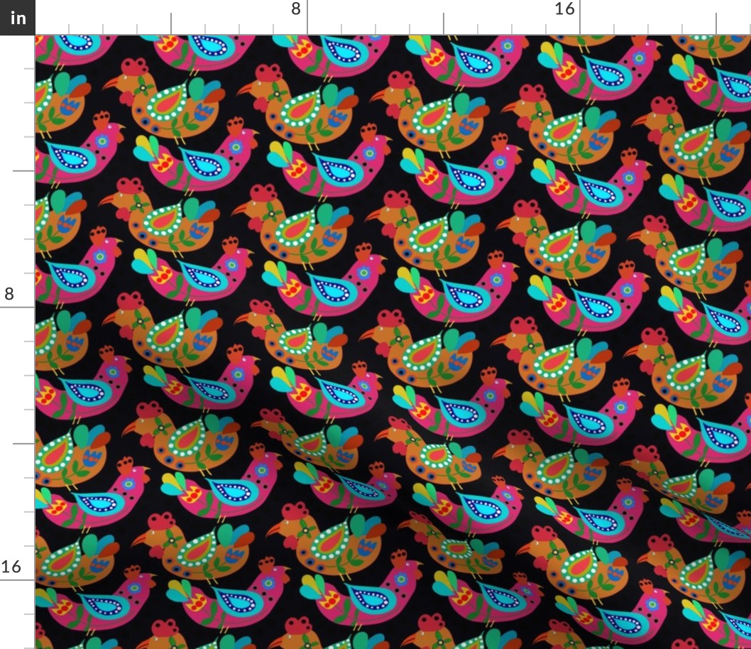 Chicken Folk Fiesta Cluckers Colorful Birds Pattern Black  Background small scale