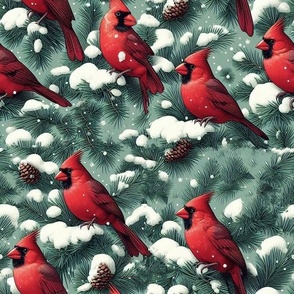 Cardinals in a Wintertime Evergreen Tree