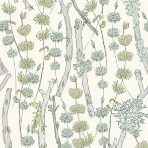 Oregon Moss Branches in Celadon Green, Chartreuse and Mint on Ivory