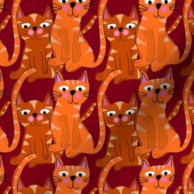 Hank and Larry Orange Tabby Cats Illustration Pattern Maroon Brick Red Background small scale