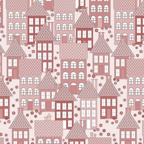 046 - Small scale muted blush dusty rose pink monochromatic houses a la Maisons au Paris style - for nursery accessories, kids apparel , curtains, kids decor and table linen