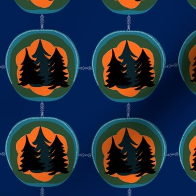 Northwoods Pine Trees Aurora Borealis Evergreen pattern Navy Blue Background small scale