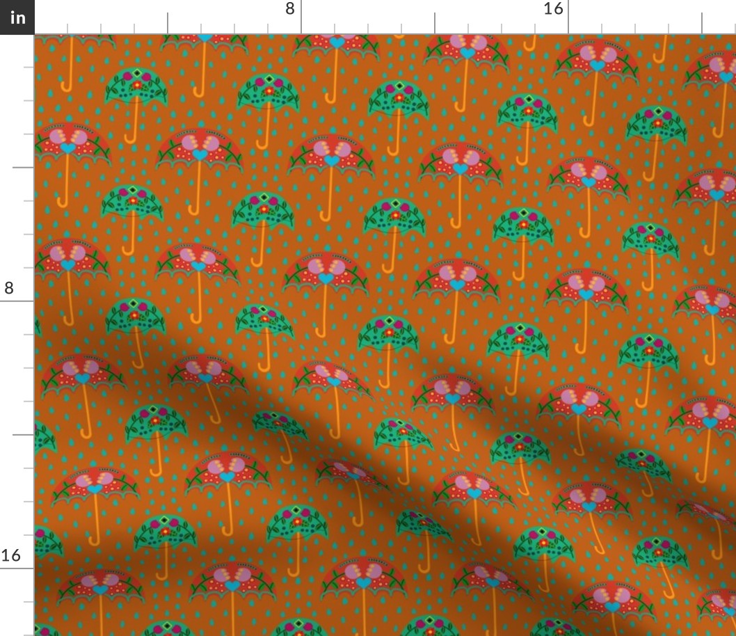 Rain Drops Whimsical Umbrellas Folk Art Pattern Orange Burnt Sienna  background small scale