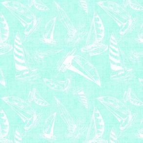 Sailboat Sketches on Mint Linen Texture Background, Small Scale Designs
