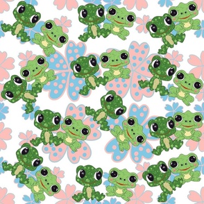 Leap Year Froggies Frogs on Groovy Pink & Blue Flowers