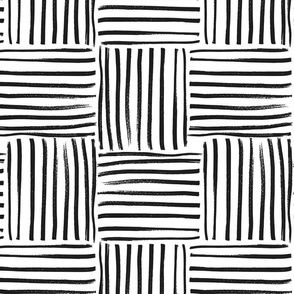 Extra large scale hand drawn geometric weave stripe block in black and white. 