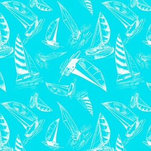 Sailboat Sketches on Tropical Blue Background, Small Scale Design