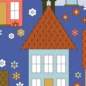 046 - Jumbo scale city of New York neighborhood style terraced houses  and buildings in burnt orange, dark blue, pale blue and mustard - for wallpaper, duvet covers, curtains and home décor