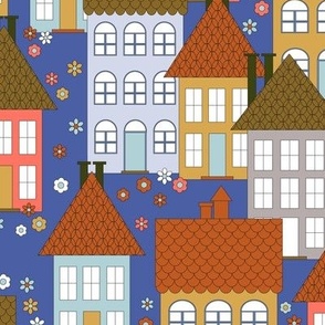 046 - Medium scale city of New York neighborhood style terraced houses  and buildings in burnt orange, dark blue, pale blue and mustard - for wallpaper, duvet covers, curtains and home décor