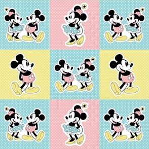 Classic Mickey and Minnie 6x6 Panels Cheater Quilt Cut and Sew Appliques or Peel and Stick Wallpaper Decals Pastels Public Domain
