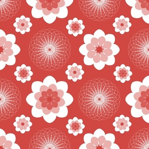 Tomato Red and White Boho Floral, Medium Scale