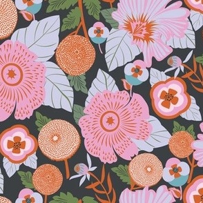 MEDIUM: Lush Floral Garden| Whimsical Florals in Pink and Orange on Black