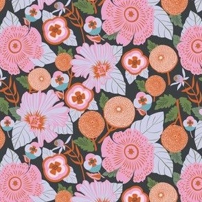 SMALL: Lush Floral Garden| Whimsical Florals in Pink and Orange on Black