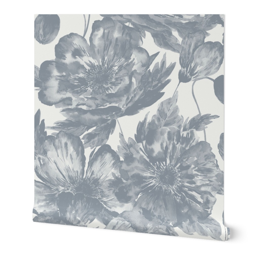 Large Half Drop Organic Monochromatic Dulux Aerobes Grey  Watercolor Icelandic Poppies with Dulux Vivid White Background