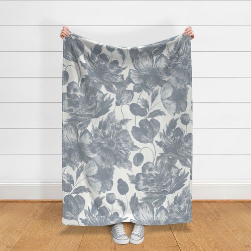 Large Half Drop Organic Monochromatic Dulux Aerobes Grey  Watercolor Icelandic Poppies with Dulux Vivid White Background