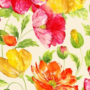 Medium Half Drop Vibrant Fresh Watercolor Icelandic Poppies with Dulux Spanish Cream Quarter  Background 