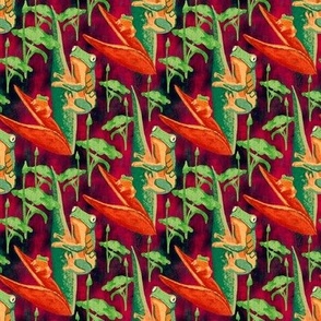 6” repeat Leap year tree frogs on tropical flowers and leaves with painterly faux woven burlap texture deep reds, orange and greens