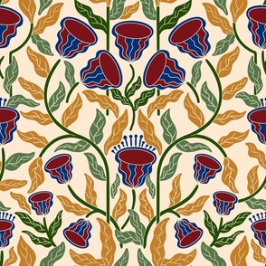 Modern Folk Arts and Crafts Floral Design - Geometric botanicals in warm tones - BIG SIZE