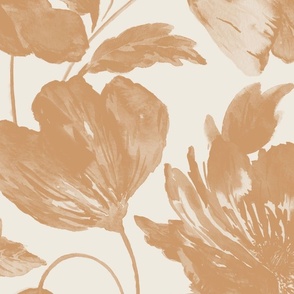 Large Half Drop Organic Monochromatic Dulux Raw Umber Brown Watercolor Icelandic Poppies with Dulux Antique White USA Background