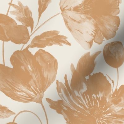 Small Half Drop Organic Monochromatic Dulux Raw Umber Brown Watercolor Icelandic Poppies with Dulux Antique White USA Background