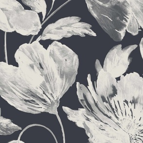 Large Half Drop Organic Monochromatic Dulux Limed White Qtr Watercolor Icelandic Poppies with Dulux Oolong Grey Background