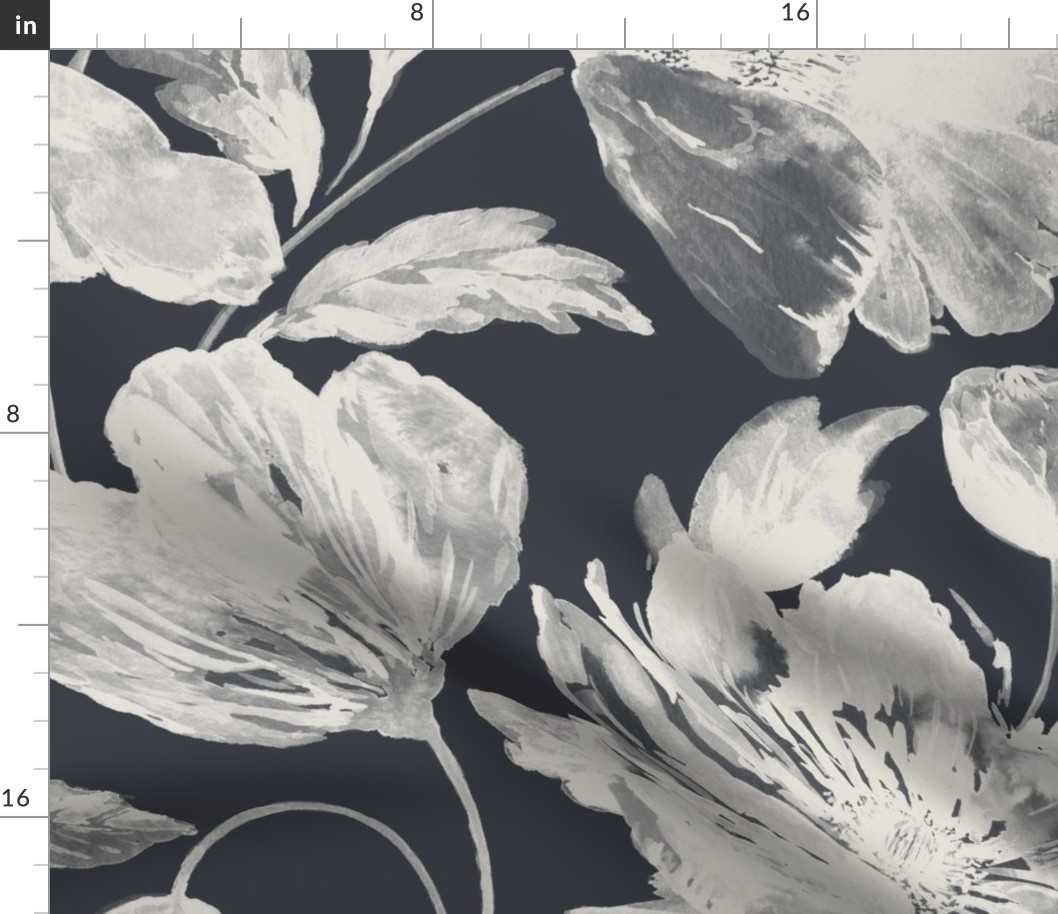 Large Half Drop Organic Monochromatic Dulux Limed White Qtr Watercolor Icelandic Poppies with Dulux Oolong Grey Background