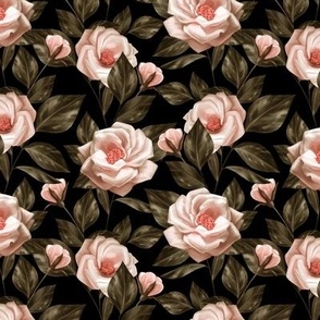 Dark floral pattern with white roses