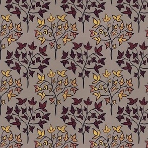 Traditional Pattern of Modern Leaves on Branches - Maroon, Yellow, Beige - Medium
