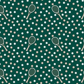 Tennis rackets and tossed balls peach and chalk-white on a green background classic tennis