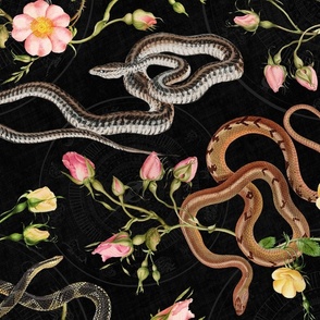 Snakes, roses and chinese calendar in black 