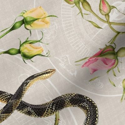 Snakes, roses and chinese calendar in cream 
