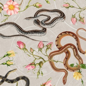 Snakes, roses and chinese calendar in cream 