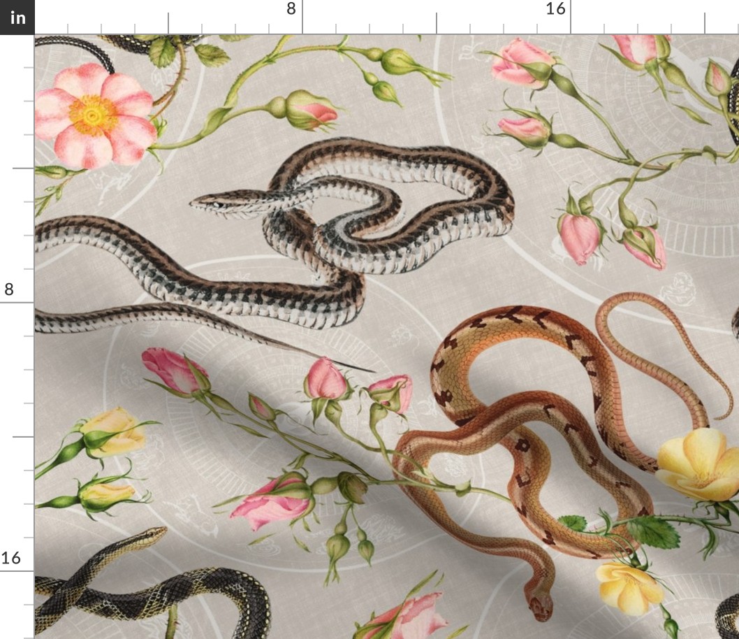 Snakes, roses and chinese calendar in cream 