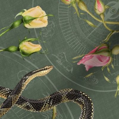 Snakes, roses and chinese calendar in antique sage green