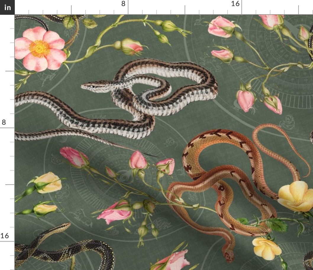 Snakes, roses and chinese calendar in antique sage green