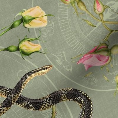 Snakes, roses and chinese calendar in sage green