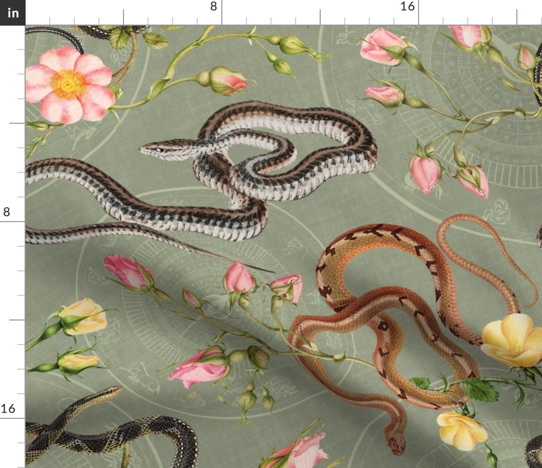 Snakes, roses and chinese calendar in sage green