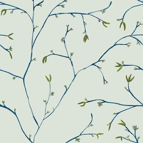 New leafs of spring - botanical - nature - faded blue - celadon - green - muted tones