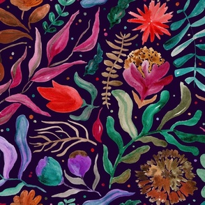 watercolor hand painted fantasy floral botanical design with flowers  wildflowers branches sprigs, modern flowing leaves wild herbs in earthy color palette in magenta purple lilac brown burgundy  terracota red colors over dark navy purple background