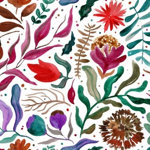 watercolor hand painted fantasy floral botanical design with flowers  wildflowers branches sprigs, modern flowing leaves wild herbs in earthy color palette in magenta purple lilac brown burgundy  terracota red colors over white background