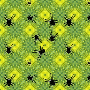 Spiders Family Lace Web, Yellow on Olive Green