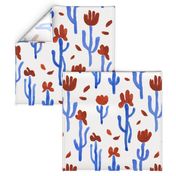 Very abstract funky blue cacti garden with terracotta blooms over off white background, modern contemporary flowering cactus botanical fancy design