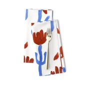 Very abstract funky blue cacti garden with terracotta blooms over off white background, modern contemporary flowering cactus botanical fancy design