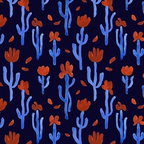 Very abstract funky blue cacti garden with terracotta blooms over midnight blue background, modern contemporary flowering cactus botanical design