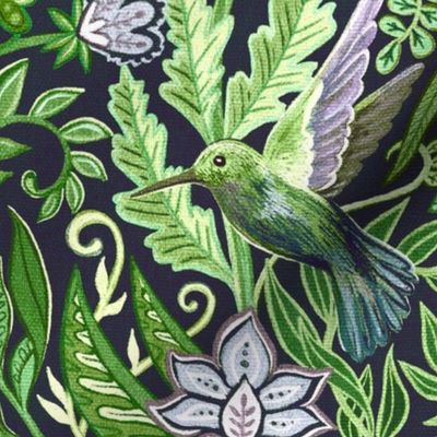 Hummingbird Chintz in Olive and Jade Green Large