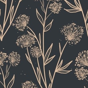 Queen Anne Moody Academia Floral Fabric Wallpaper in stormy blue and wheat yellow Medium